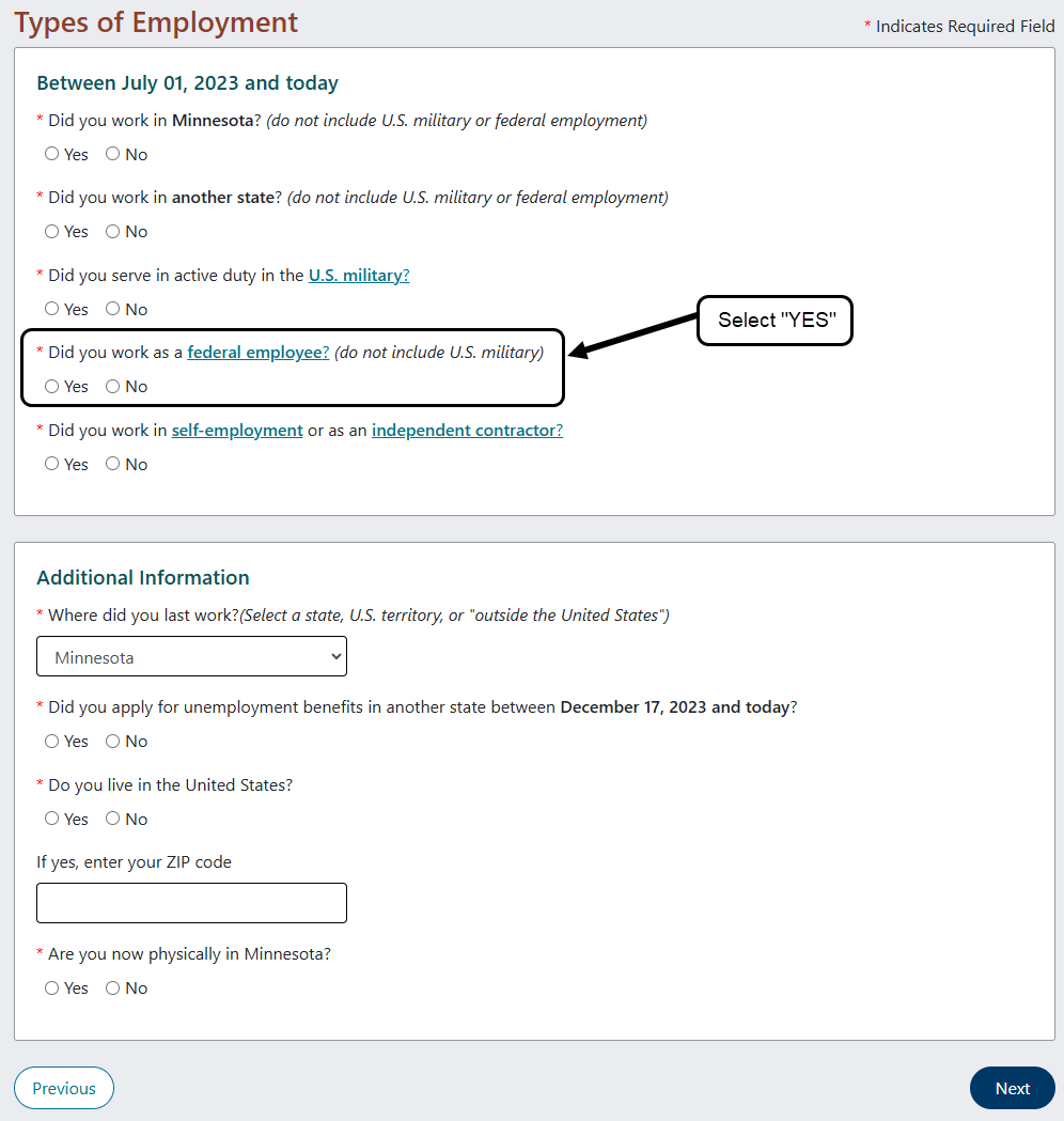 Screen shot of application instructing user to select the box Employed as a Federal Civilian