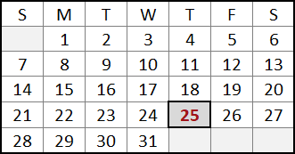 December 2025 calendar displaying the date our office is closed for Christmas.