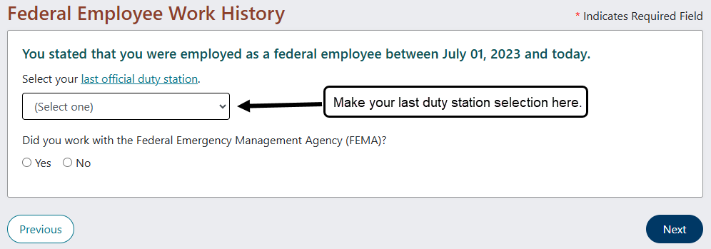 Screen shot of application showing where to indicate your last federal duty station.