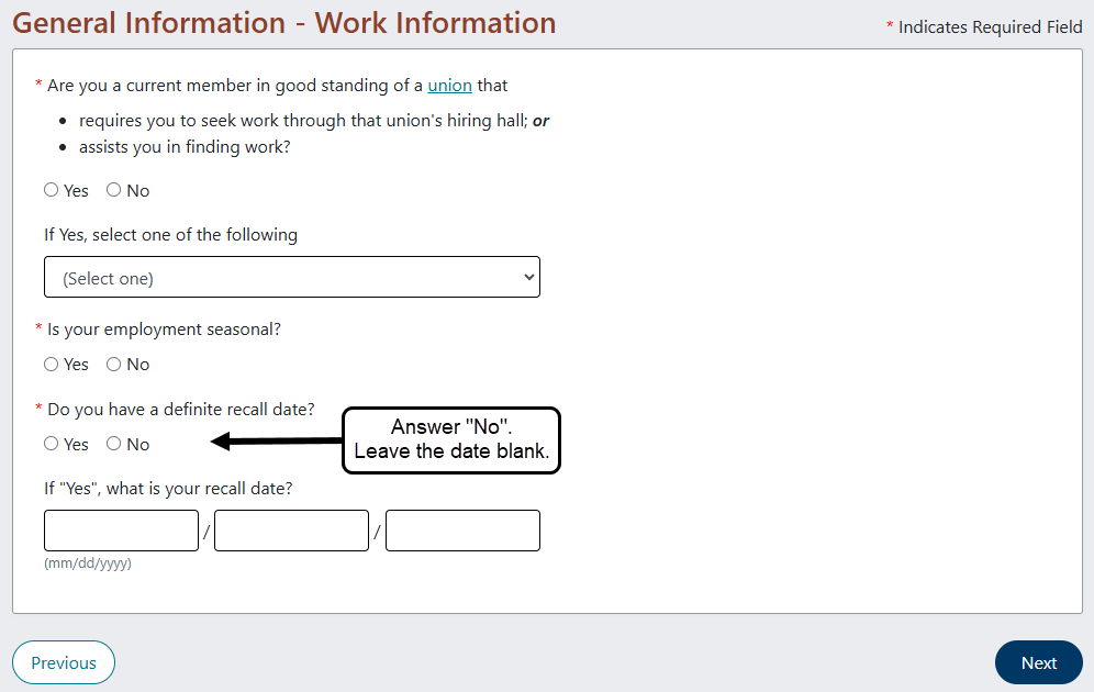 Screen shot of application instructing user to answer NO to the question Do you have a definite recall date.