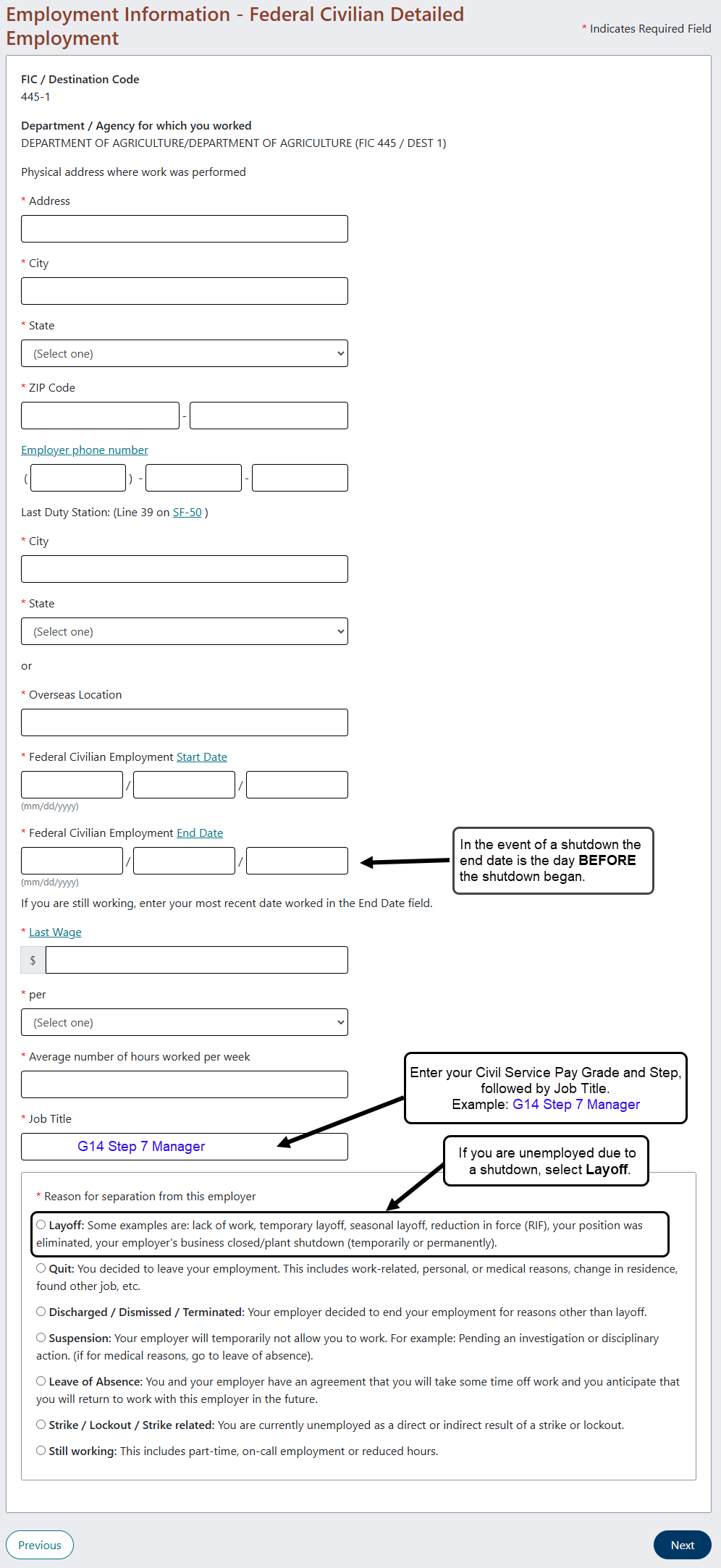 Screen shot of application instructing user to select LAYOFF for reason for separation if you are unemployed due to the shutdown.