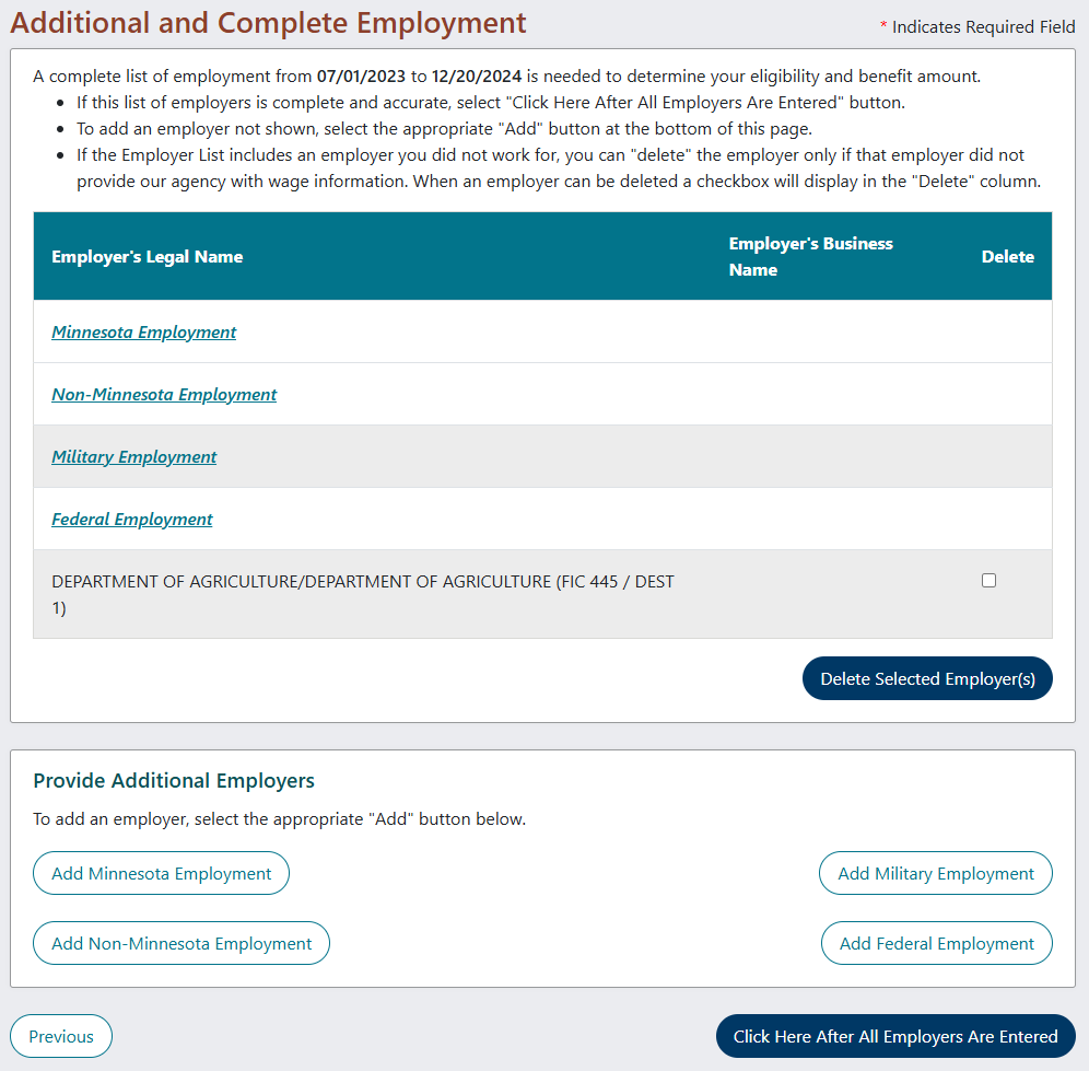 Screen shot of the Additional and Complete Employment page of the application.