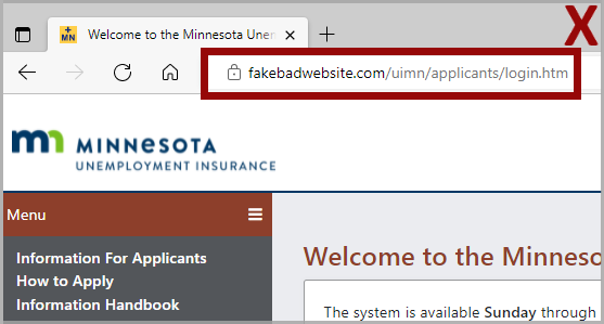 Applicant login page displaying a bad URL (fakebadwebsite.com/applicants/login.htm