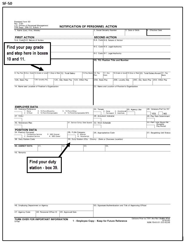SF-50 - Pay grade and step listed in boxes 10 and 11; duty station in box 39