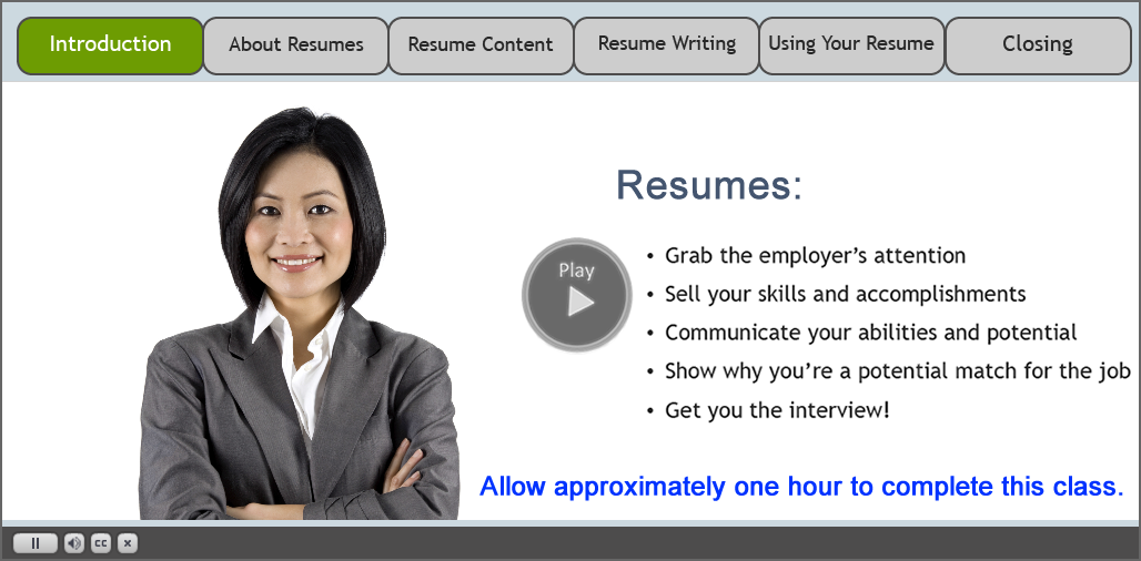 Click to start the Work Search Resumes video.